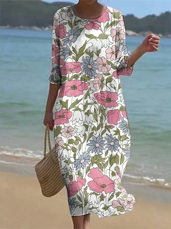 Women's Casual Round Neck Mid-Sleeve Floral Print Cotton Linen Dress