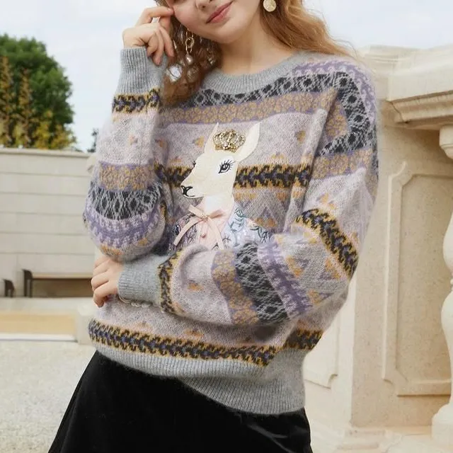 Loose Geometric Deer Bow Knit Sweater
