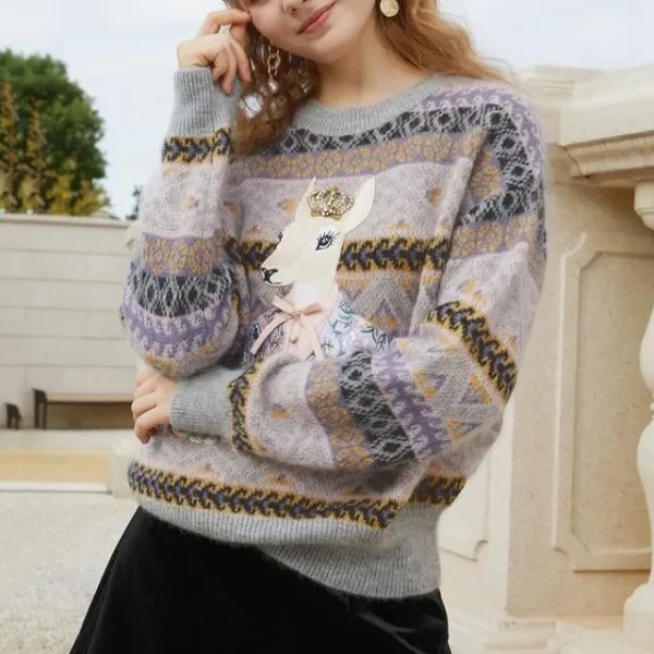 Loose Geometric Deer Bow Knit Sweater
