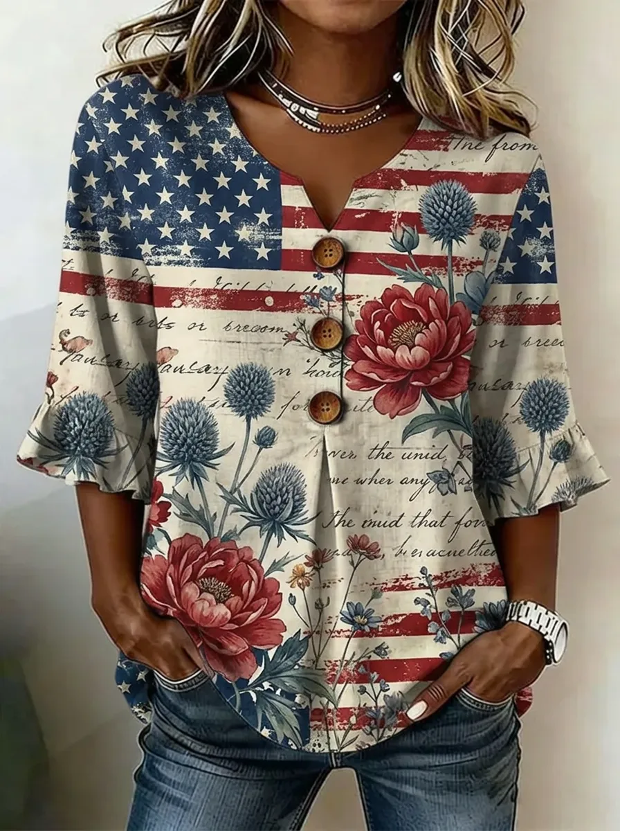 Women's Nashville USA Flag Floral Script Printed V-Neck Top