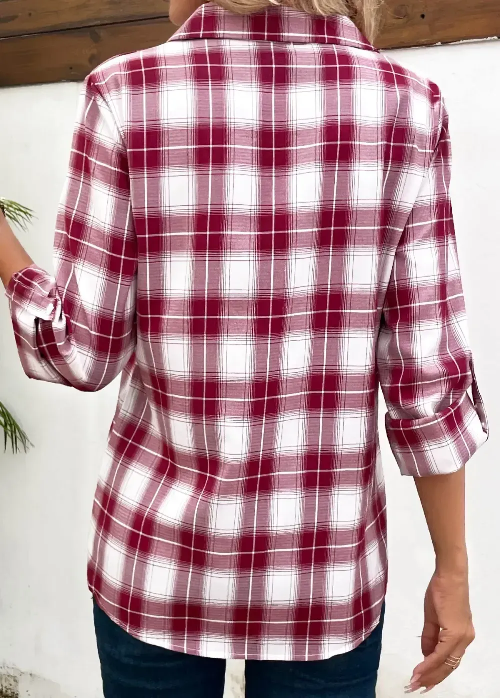 Wine Red Split Plaid Long Sleeve Blouse