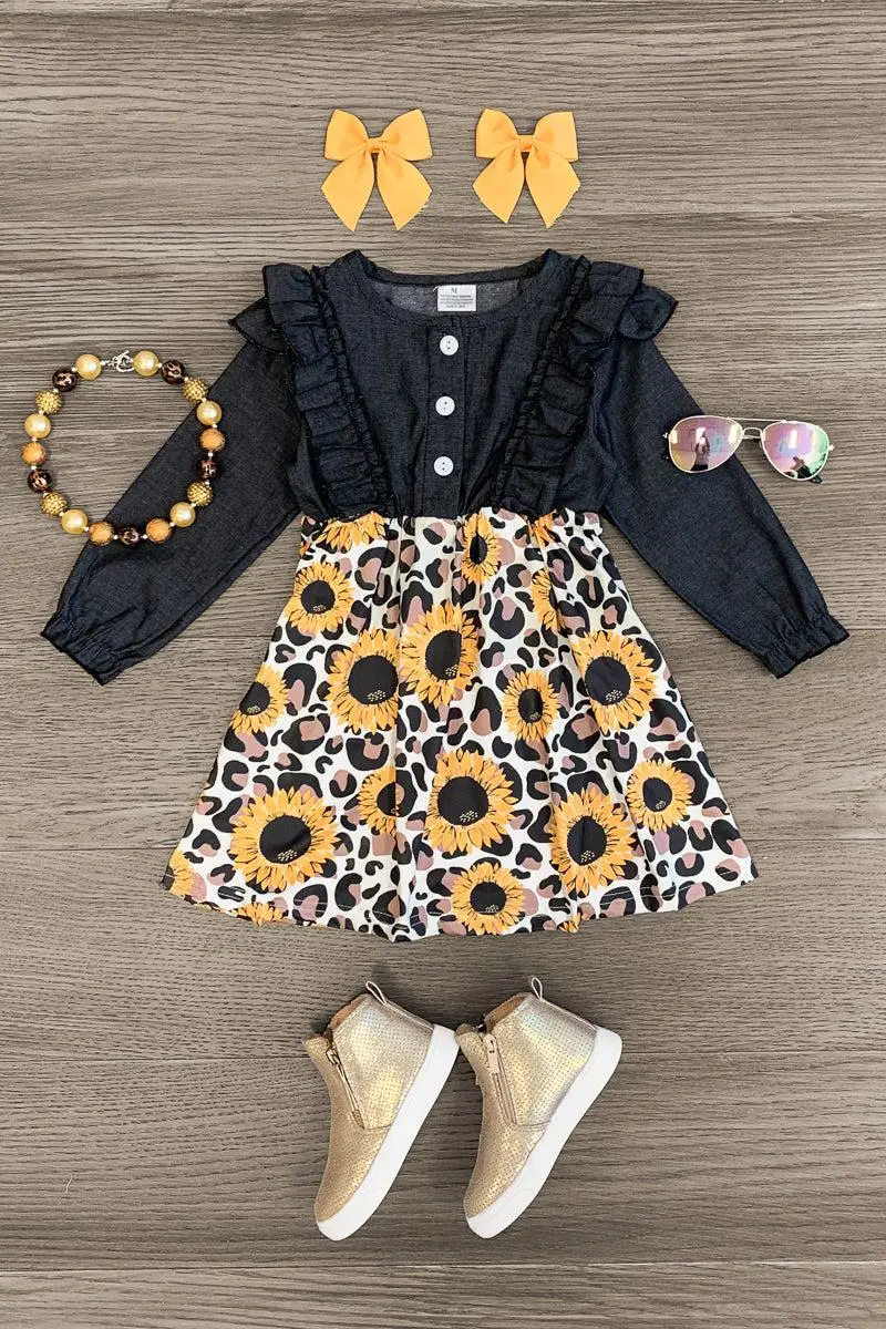 Chambray Floral Cheetah Dress