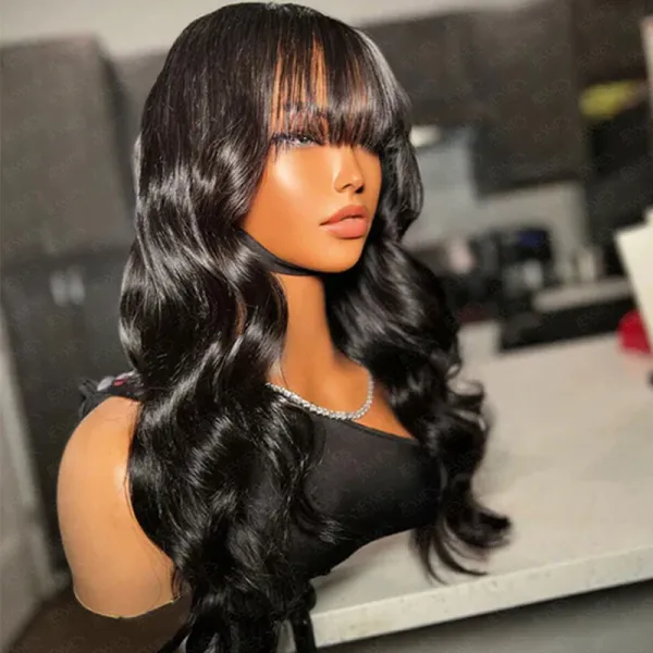 Parting Max 9x6 Glueless Wig #1 Jet Black Body Wave Wig with Bangs Ready to Go