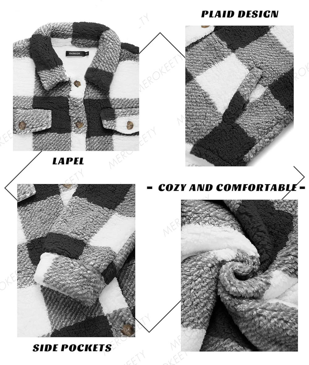 Women's Fleece Plaid Jacket Coats Button Down Lapel Sherpa Shacket Outwear with Pockets