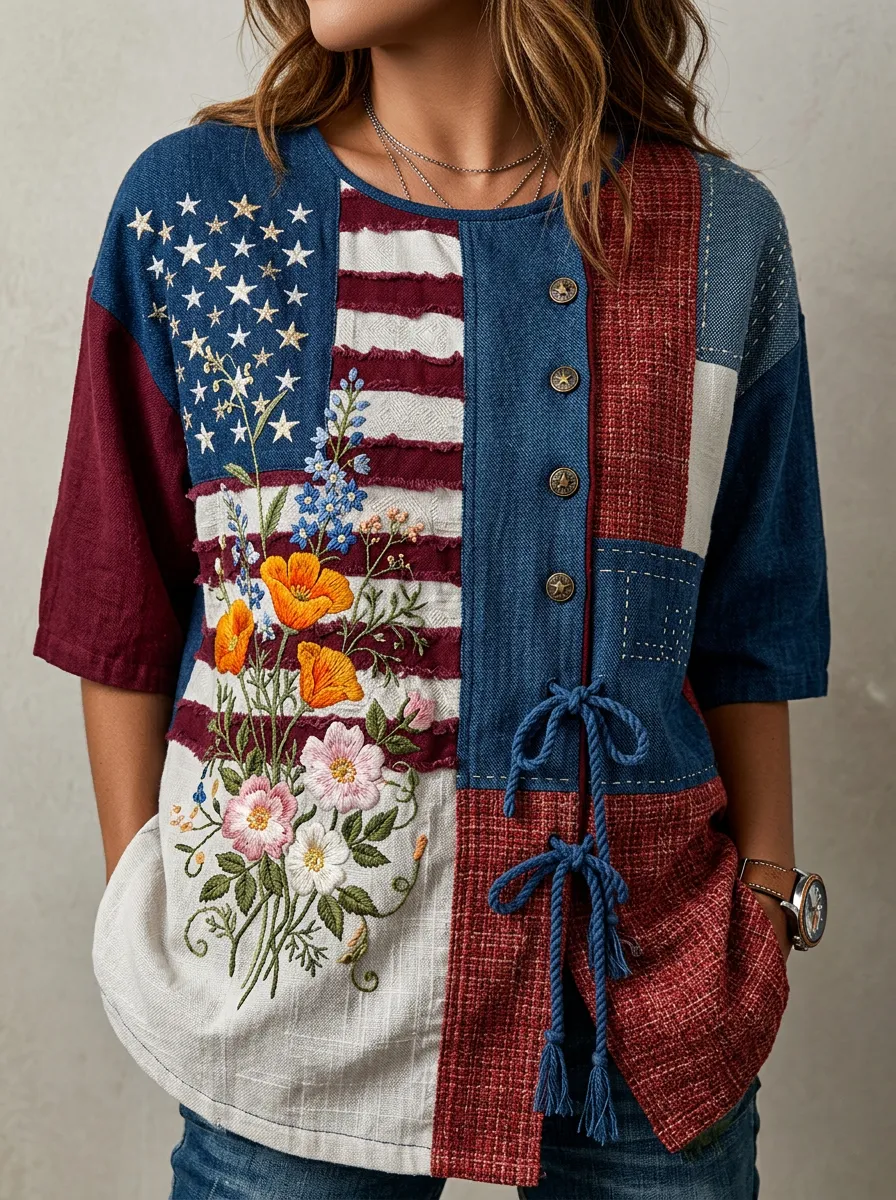 Women's Nashville USA Flag Floral Embroidered Patchwork Top