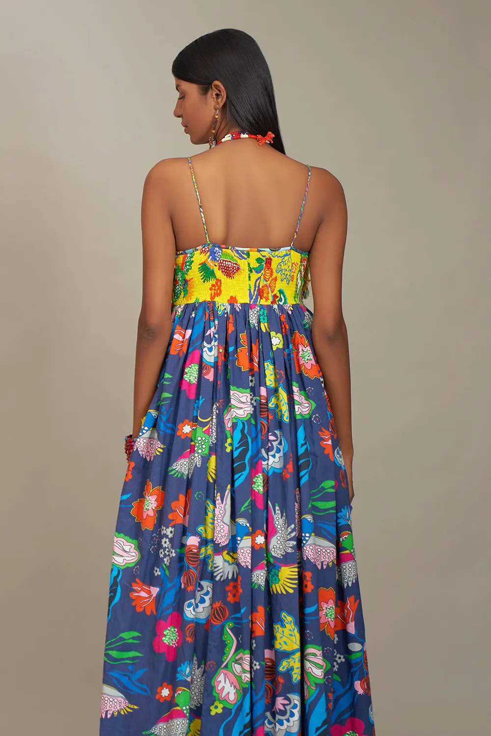 Blue cotton print floral square-neck spaghetti dress