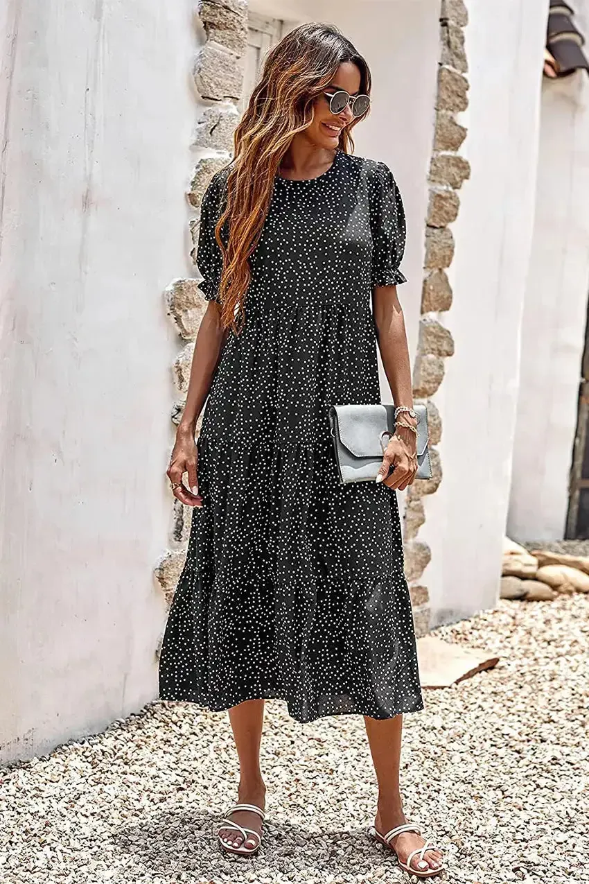 Floral Print Ruffle Puff Sleeve High Waist Midi Dresses