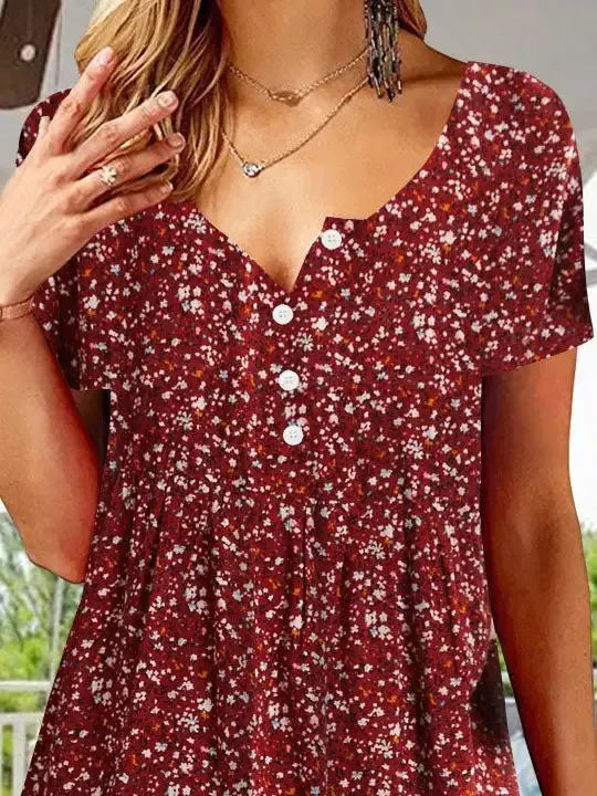 Women's Short Sleeve V-neck Red Printed Button Top