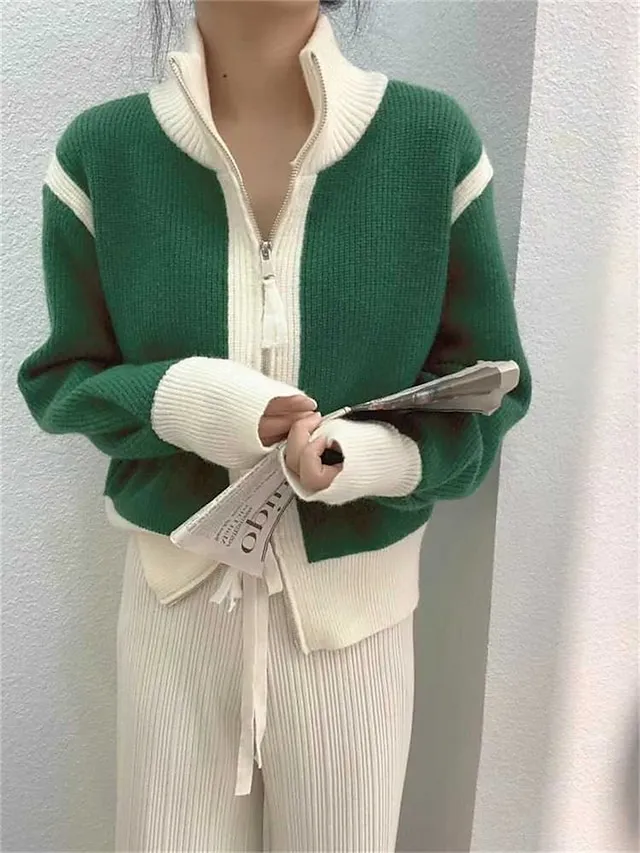 Women's Cardigan Sweater Jumper Ribbed Knit Regular Patchwork Zipper Color Block Stand Collar Stylish Casual Outdoor Daily Fall Winter Black White S M L