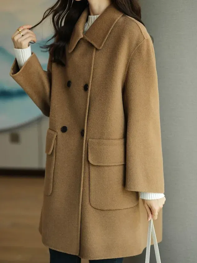 Shawl Collar Long Sleeve Plain Buckle Heavyweight Loose Coat For Women