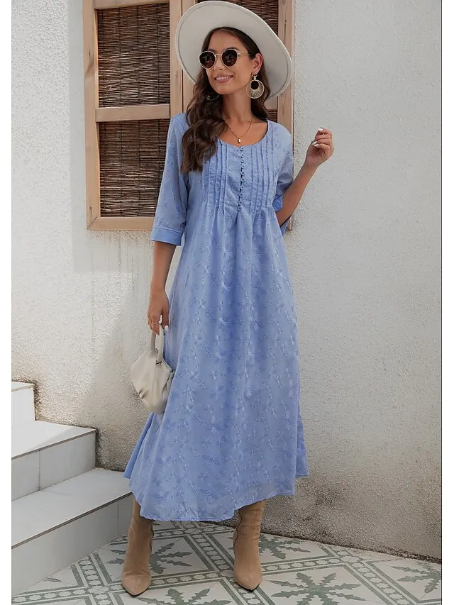 Women's Cotton Linen Dress Casual Dress Midi Dress Cotton Casual Mature Outdoor Daily Vacation V Neck Ruched Pocket Half Sleeve Summer Spring Fall 2023 Loose Fit White Blue Green Plain S M L XL 2XL