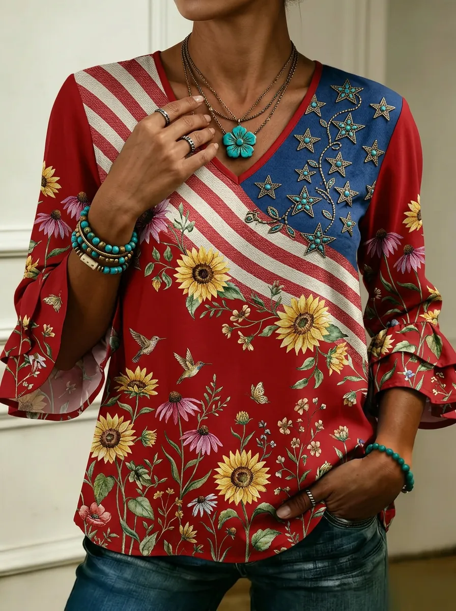 Women's Nashville Sunflower American Flag Floral Printed Top