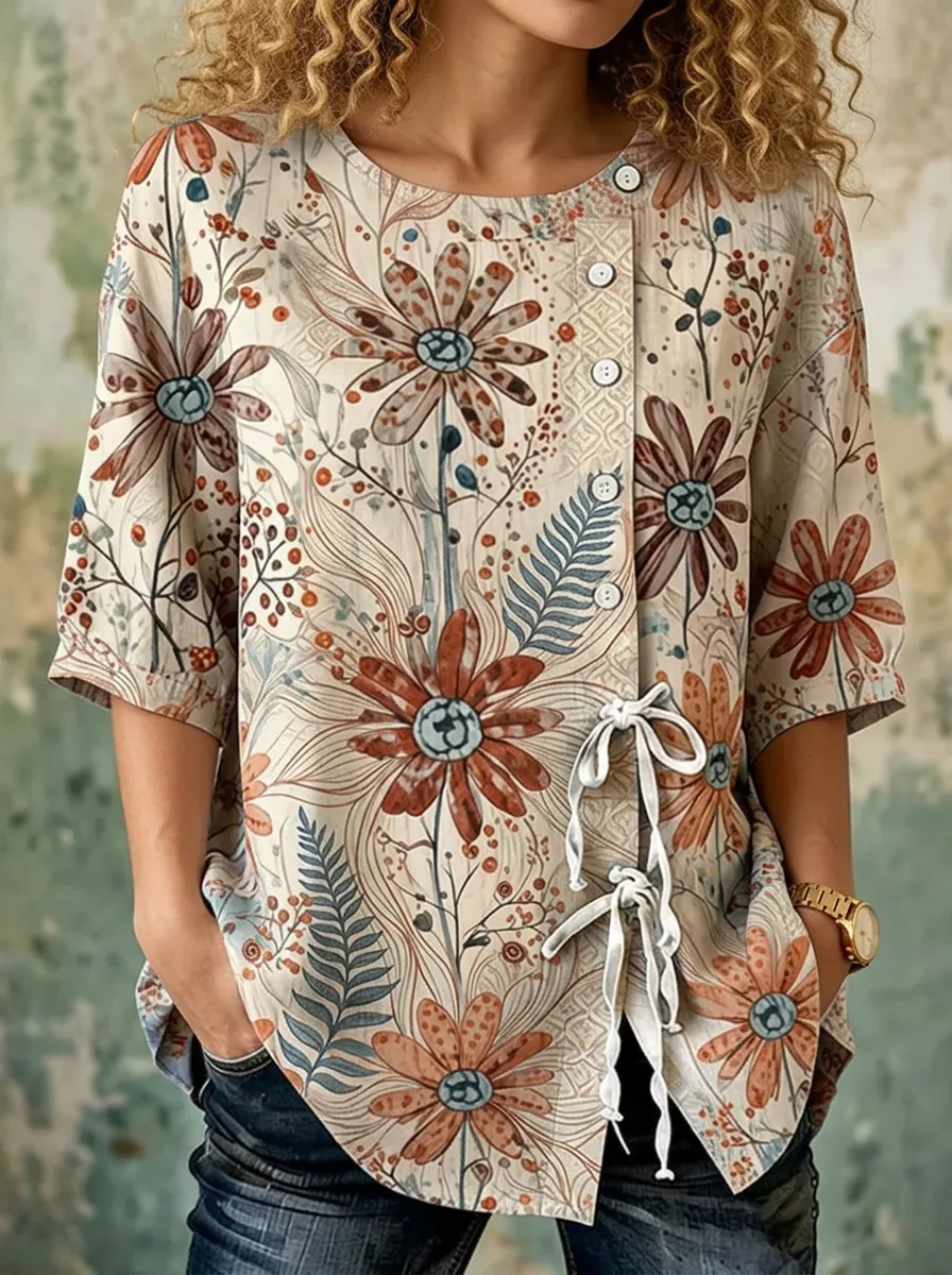 Women's Nashville Floral Botanical Printed Button-Down Top
