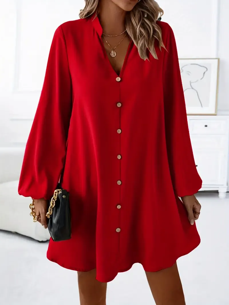 Chic Solid Color V-Neck Long Sleeve Dress
