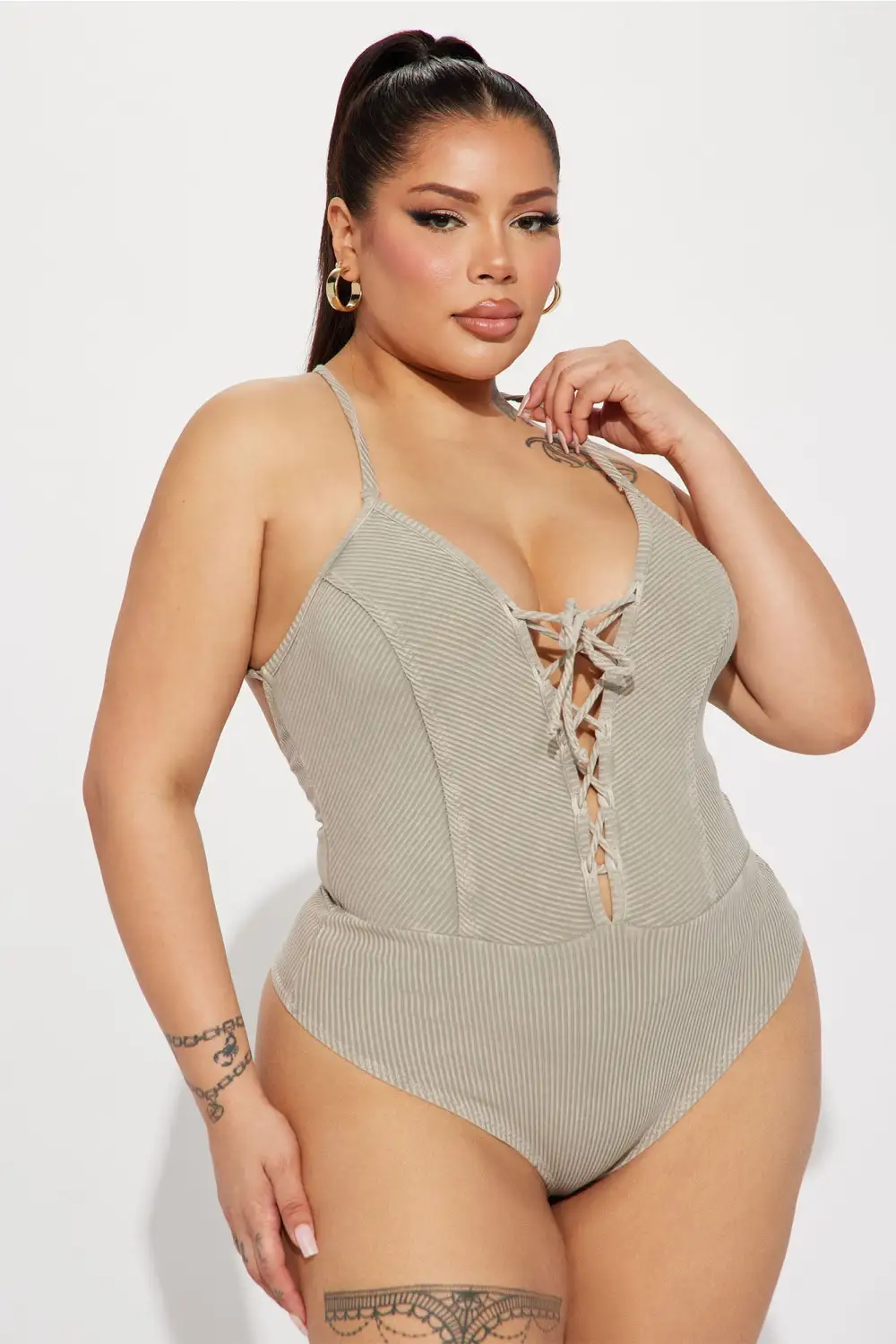 Paloma Lace Up Bodysuit - Taupe