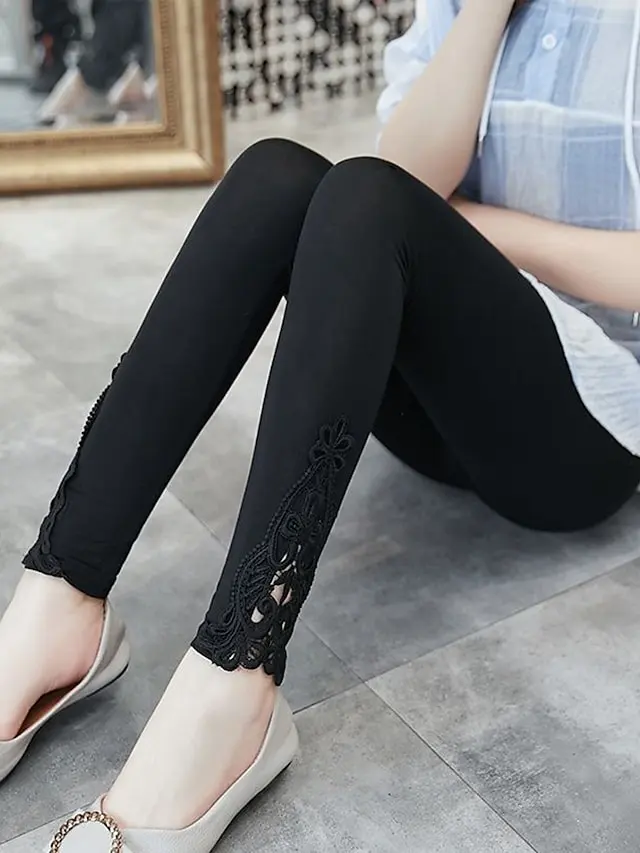 Women's Leggings Black White Grey Fashion Casual Daily Lace Ankle-Length Tummy Control Solid Colored L XL 2XL 3XL 4XL