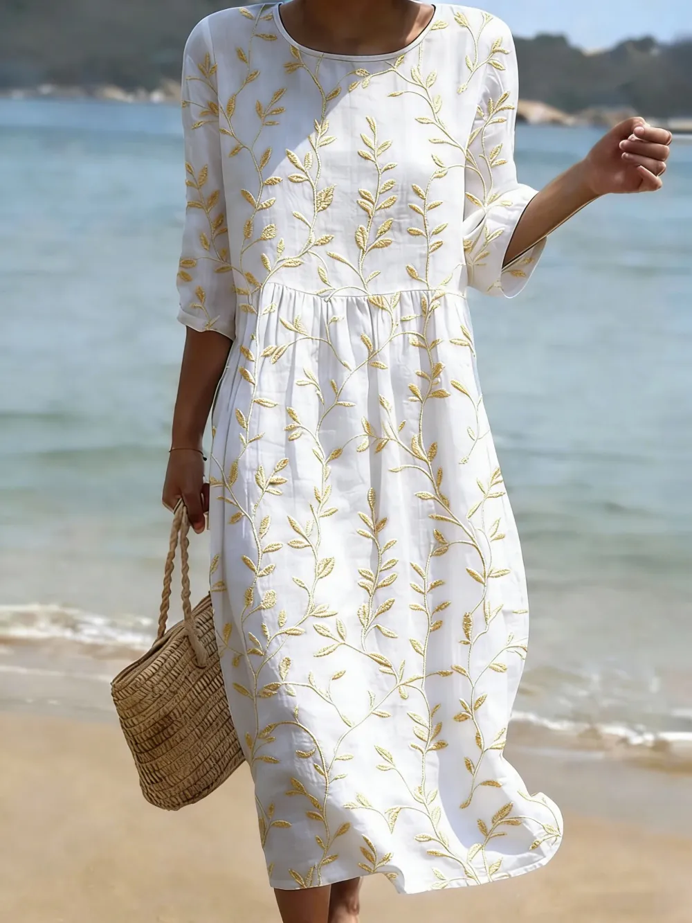 Women's Casual Plant Leaf Printed Cotton And Linen Dress