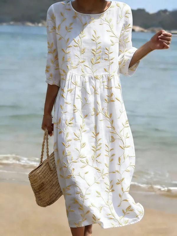 Women's Casual Plant Leaf Printed Cotton And Linen Dress