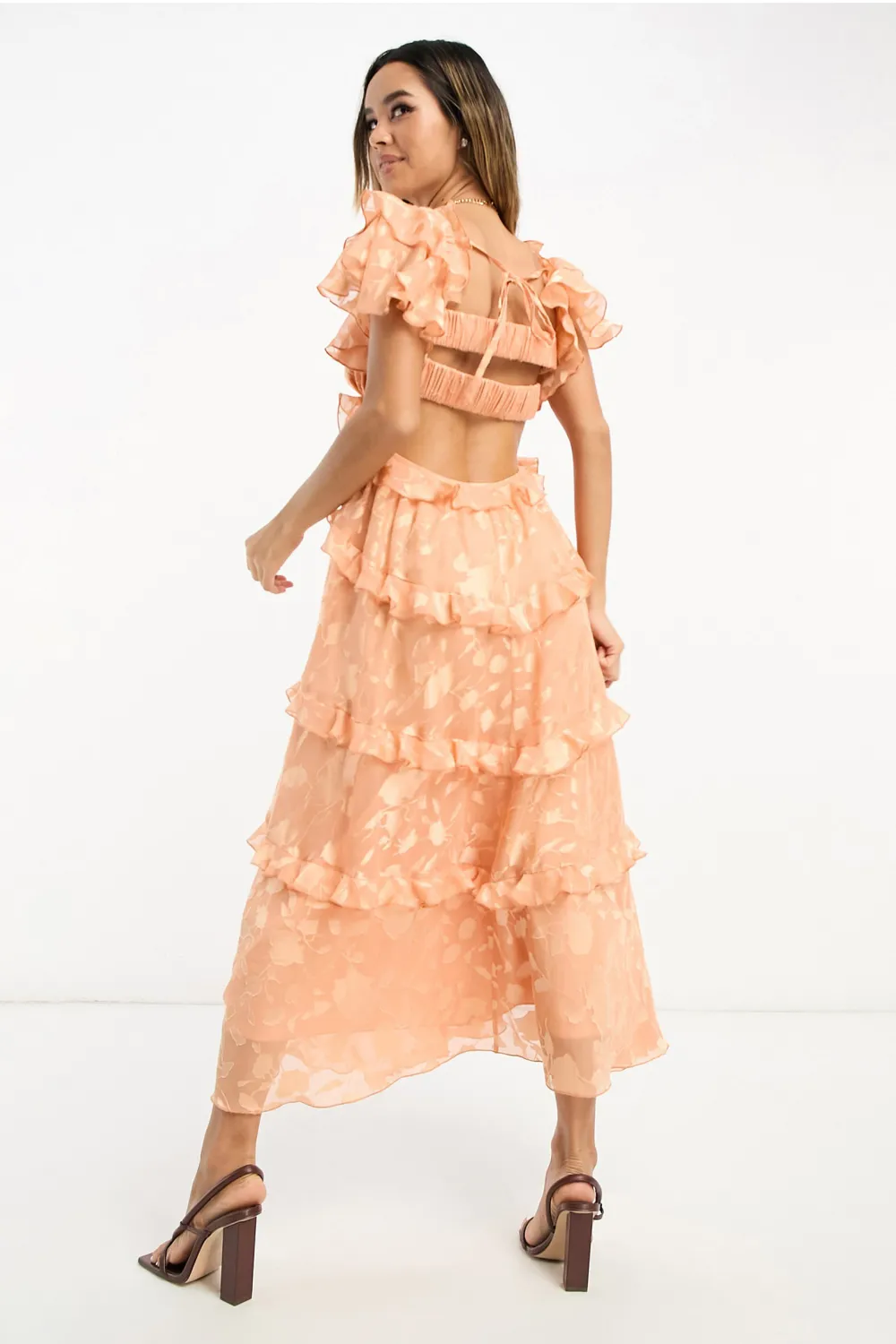 Floral Burnout Angel Sleeve Tiered Maxi Dress-Orange