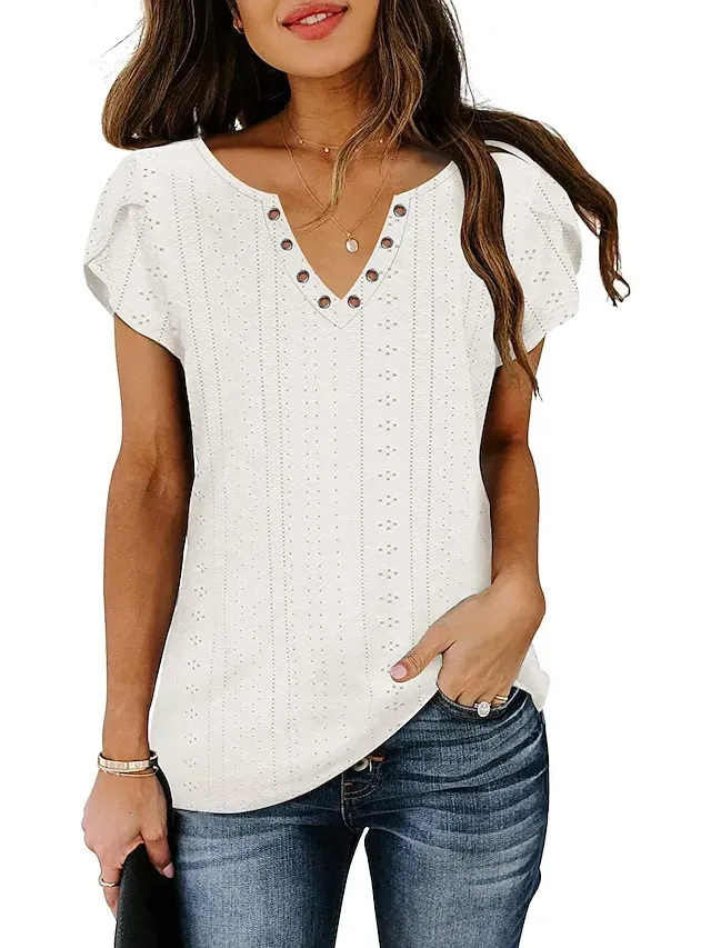 Women's T shirt Tee Light Blue Black White Plain Button Short Sleeve Casual Basic V Neck Regular S