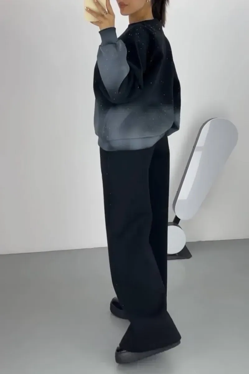 Women's Casual Rhinestone Embellished Ombre Crew Neck Top and Pants Two-Piece Set