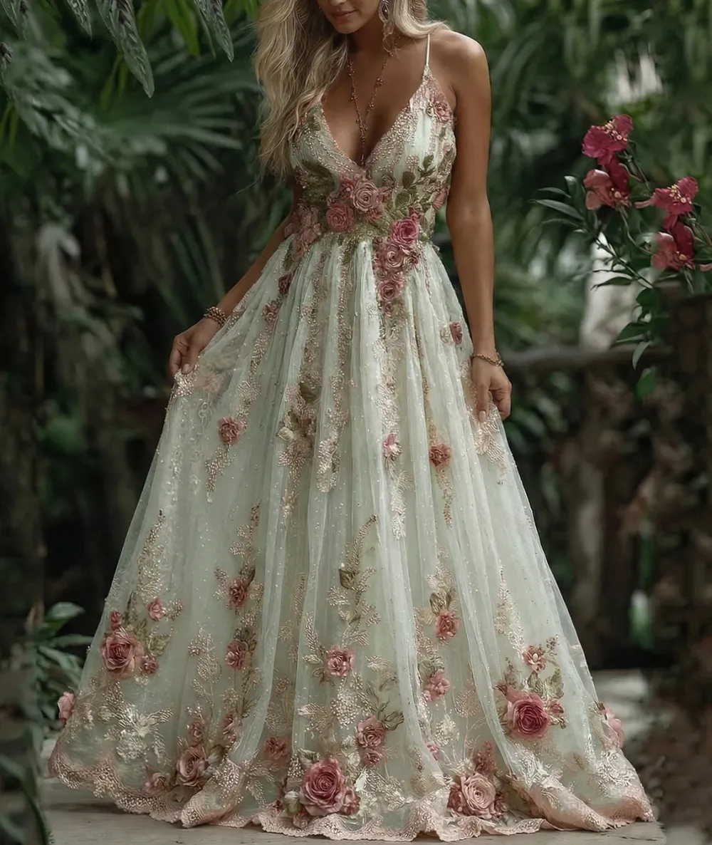 Women's Pink Rose Embroidery Art Suspender Maxi Dress