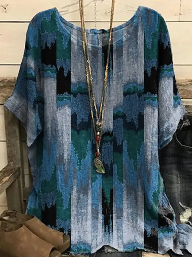 Women's Plus Size T shirt Tee Blouse Blue Purple Brown Graphic Print Short Sleeve Daily Vacation Weekend Vintage Basic Casual Crew Neck Regular Fit Dolman Sleeve Summer Spring