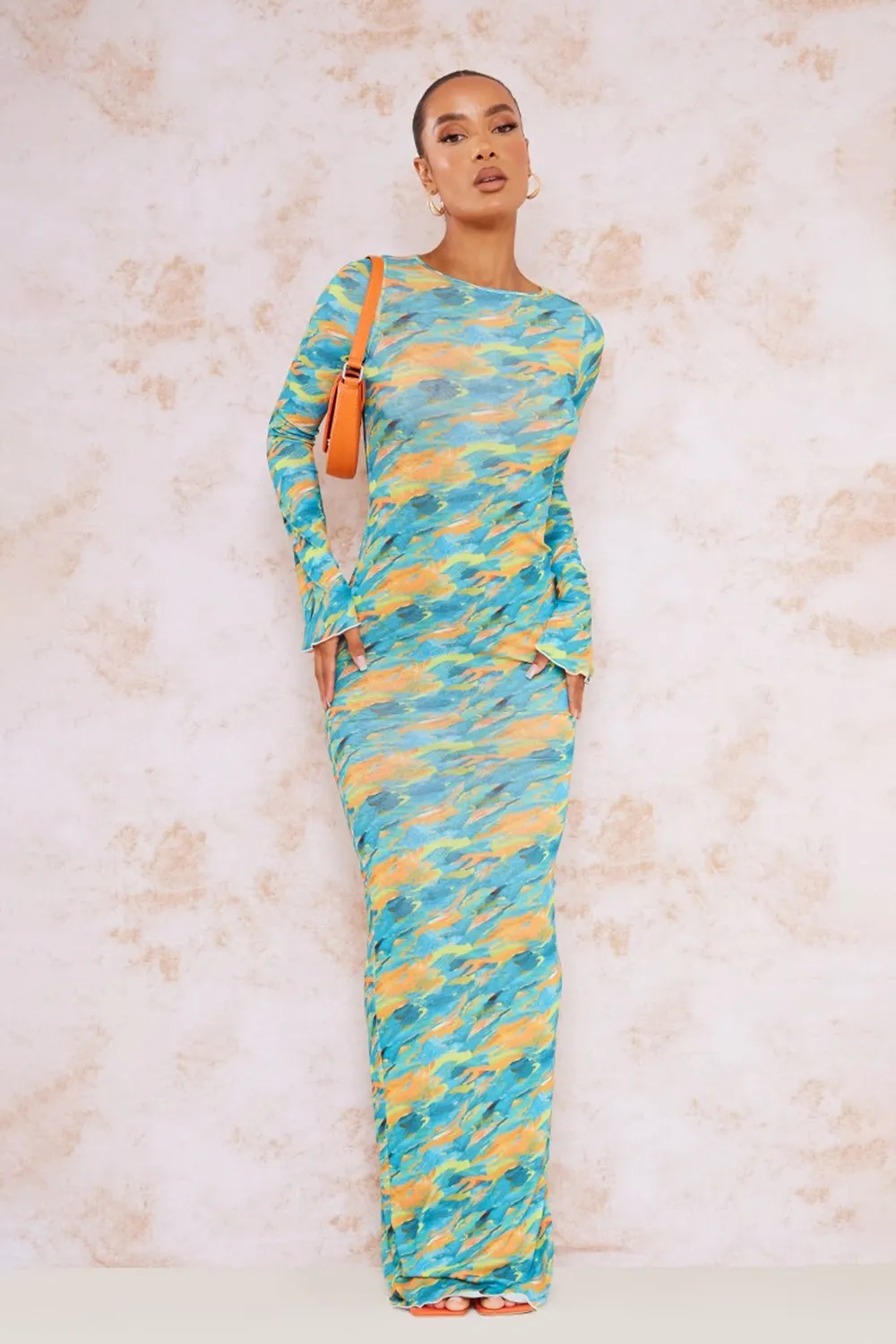 Orange Abstract Print Burnout Mesh Long Sleeve Maxi Dress