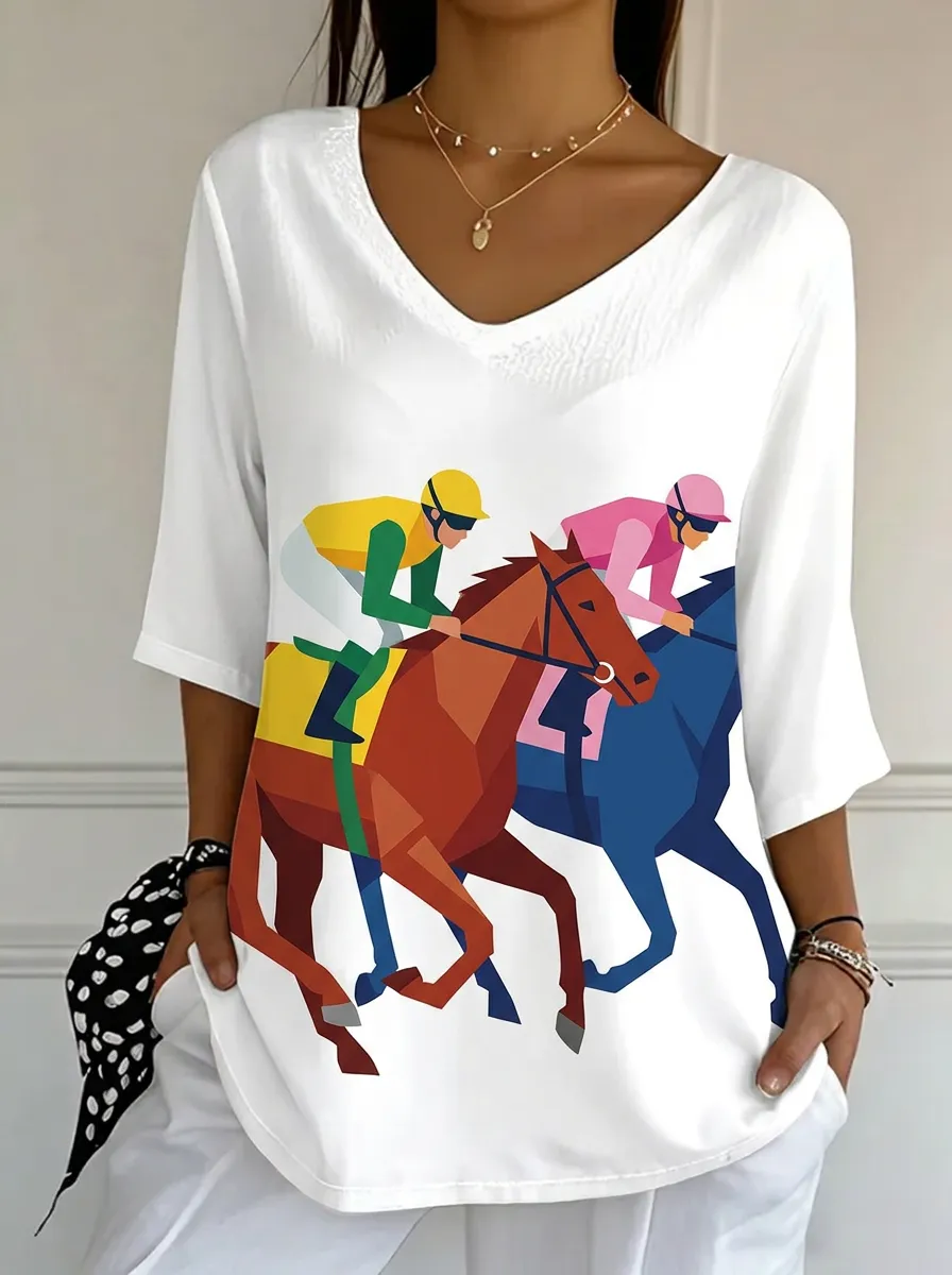 Women's Nashville Horse Racing Geometric Printed V-neck Top