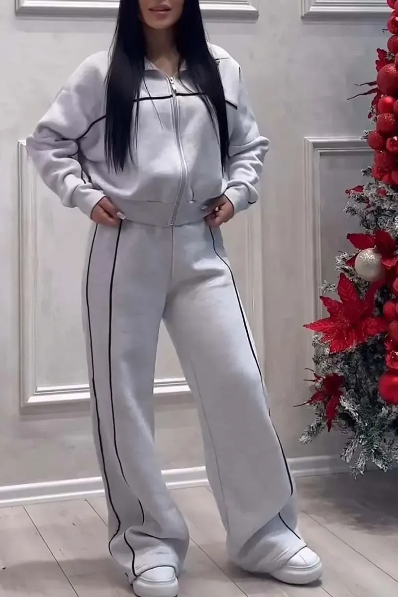 Women's casual sports zipper jacket wide leg pants suit