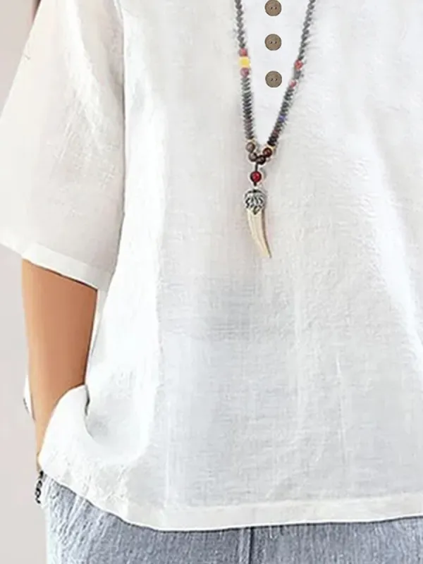 Vintage Solid Color Buttons V Neck Half Sleeves Blouse