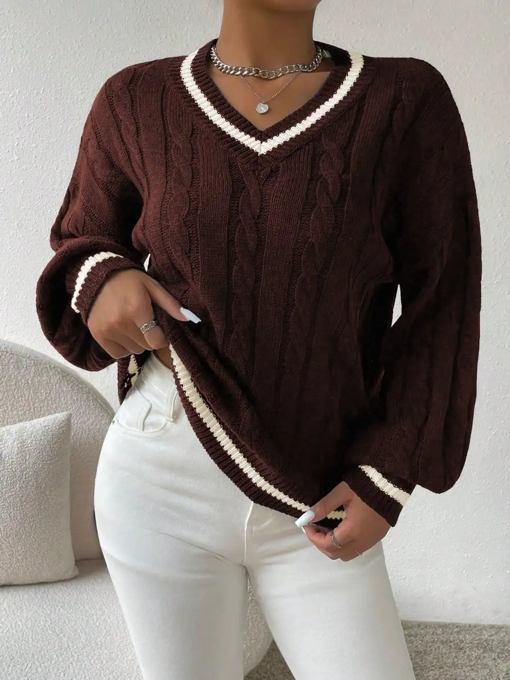Sweater ribete de rayas tejido de cable de hombros caídos