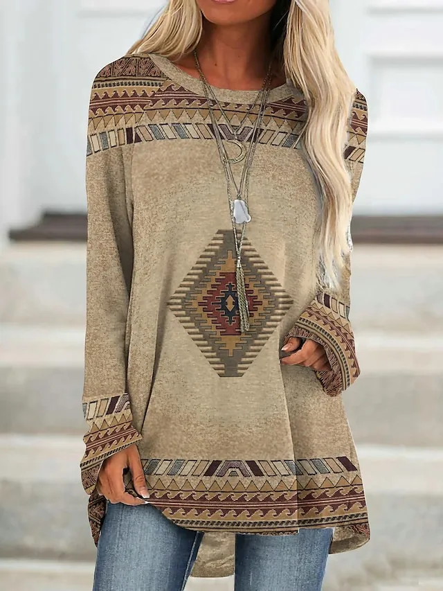 Women's Plus Size T shirt Tee Burgundy Tee Tunic Shirts Marron Yellow Light Green Geometric Plaid Print Long Sleeve Casual Vintage Tunic Ethnic Round Neck Regular Fit Bohemian Theme Geometric Fall