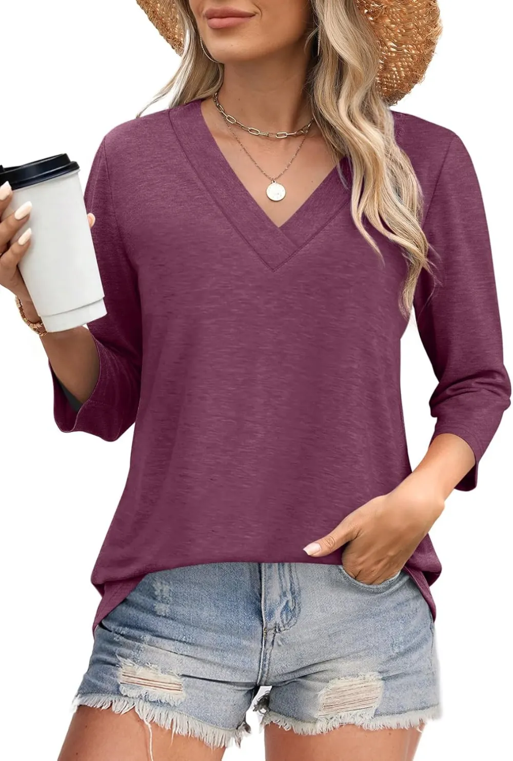 ⏰Hot Sale-Women's V Neck 3/4 Long Sleeve Tops Loose Fit Blouse