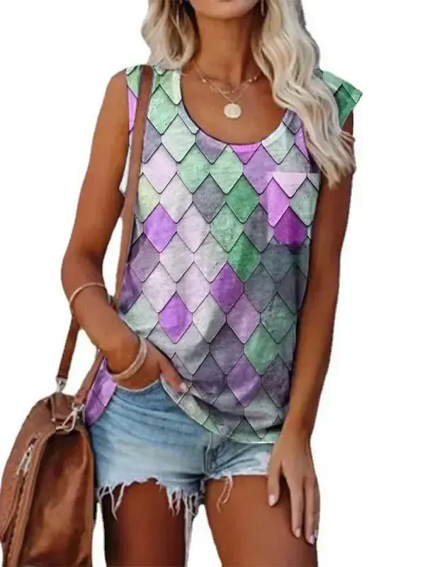 Women's Sleeveless Scoop Neck Chic Printed Tops T-shirts