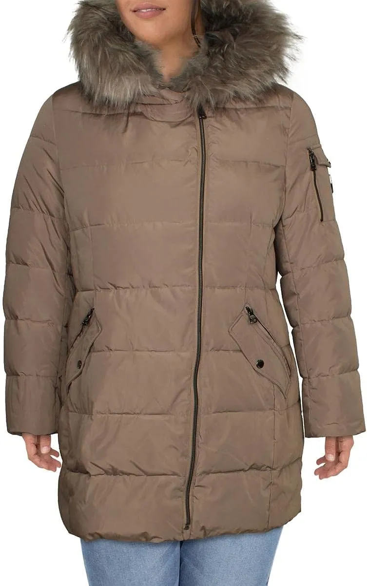 Women's Asymmetric Quilted Down Puffer Coat with Faux Fur Trim