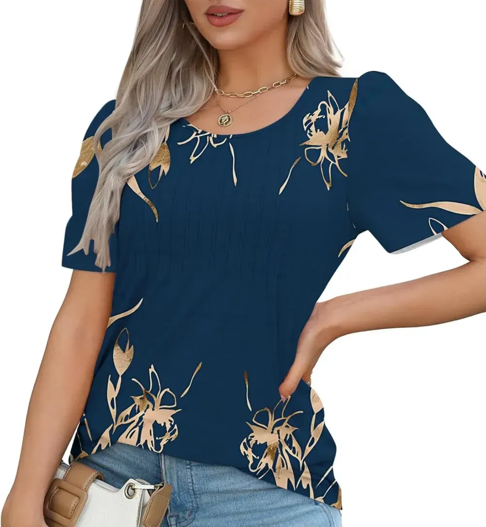Womens Summer Pleated Front Shirts Tunics Casual Short Sleeved Loose Round Neck Boho Printed Tops Vacation Blouse