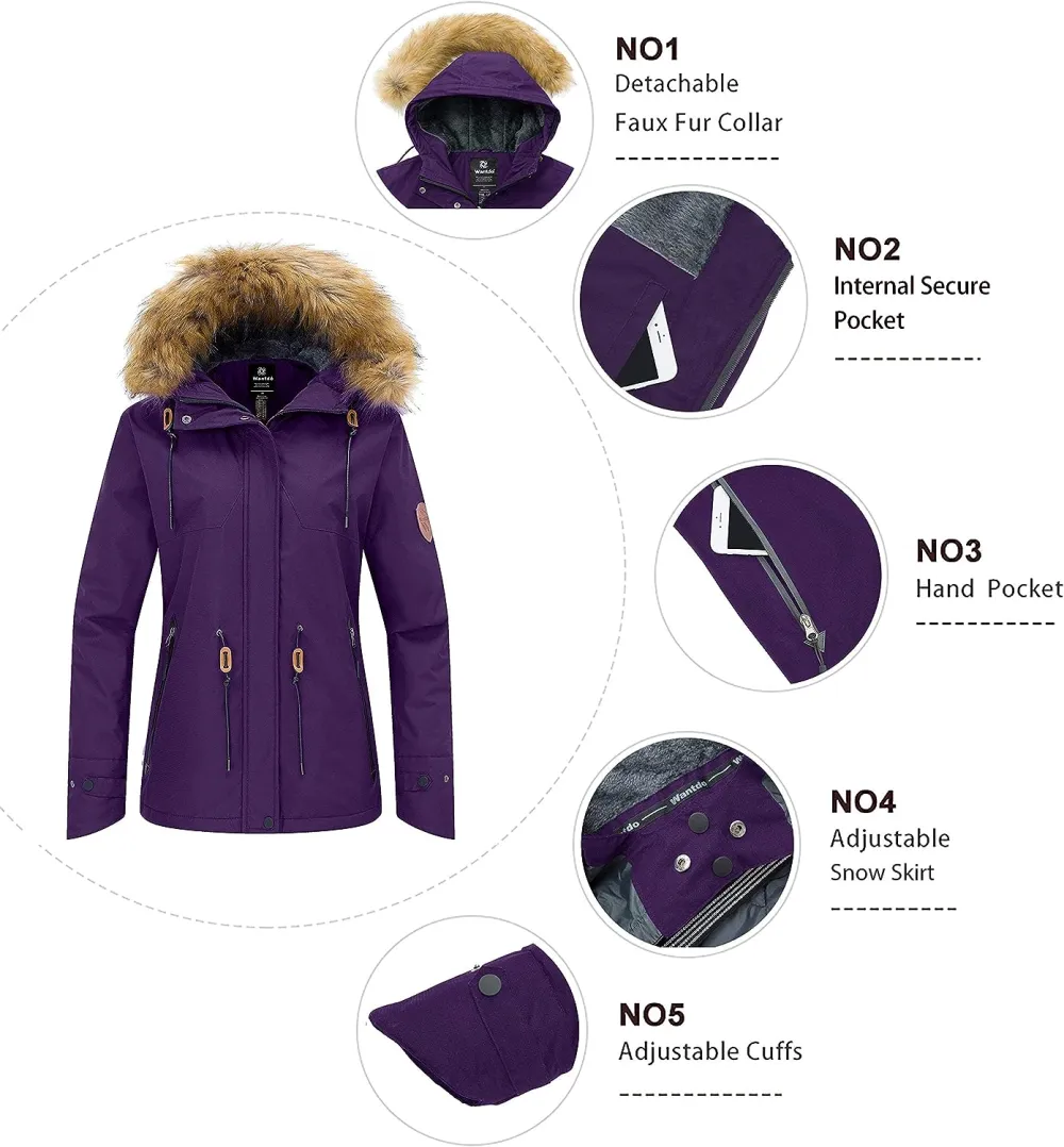 Women's Waterproof Ski Jacket Hooded Winter Snow Coat Mountain Snowboarding Jackets Insulated Fleece Parka