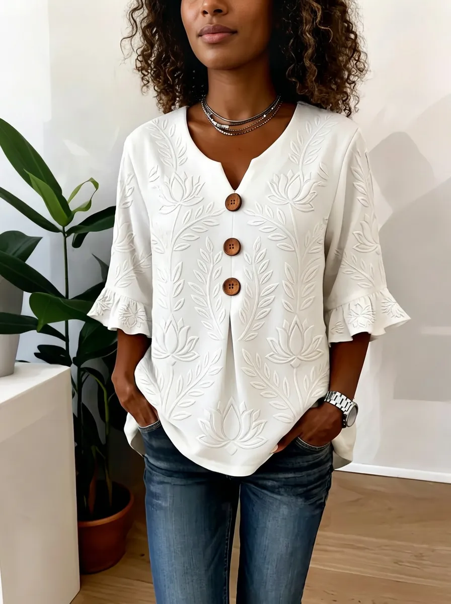 Women's Nashville Floral Embossed Button-Down Printed Top