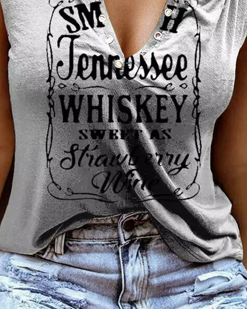 Smooth As Tennessee Whiskey Sweet As Strawberry Wine Print Eyelet Decor Casual Tank Top