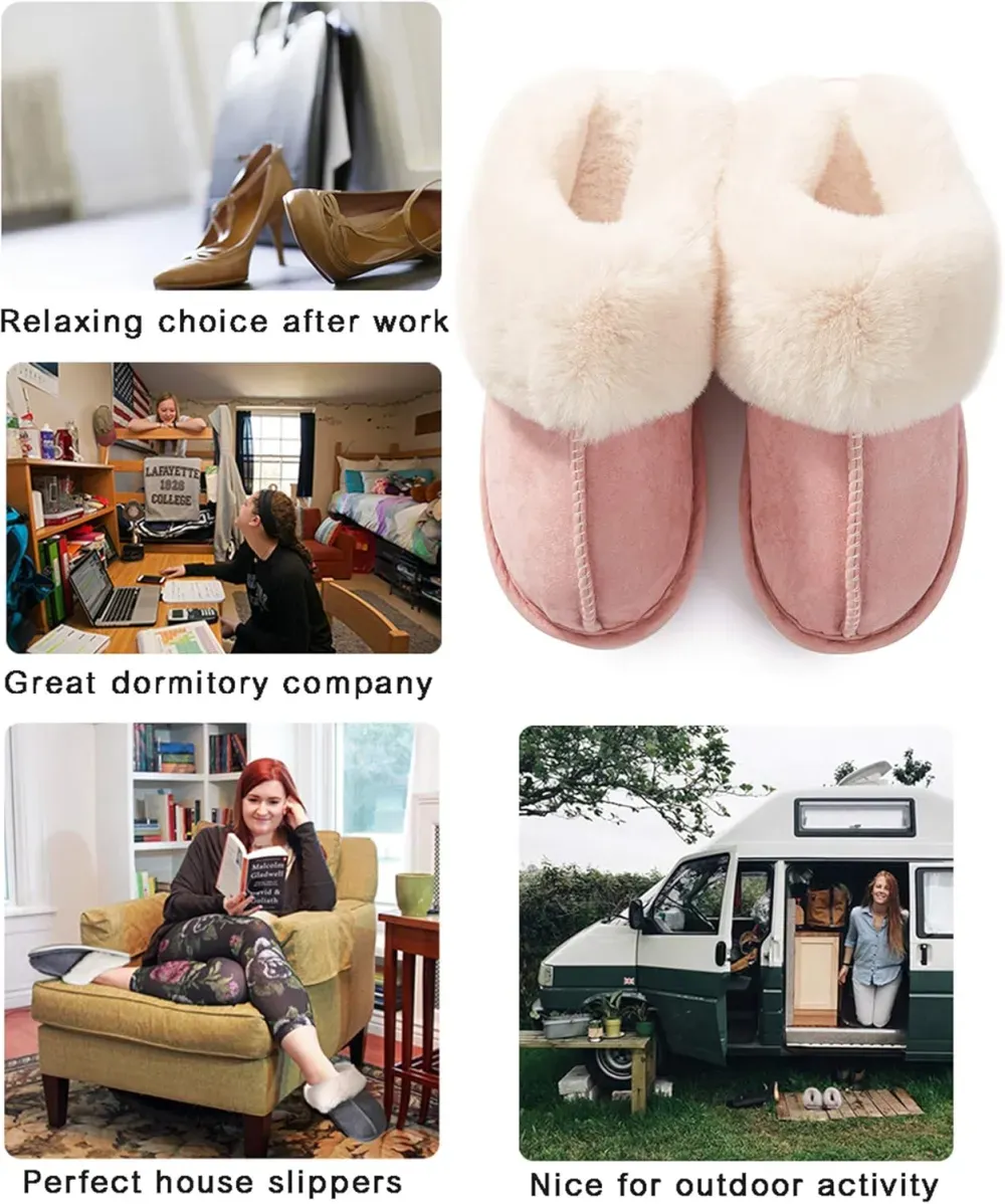 Womens Slipper with Memory Foam Fluffy Soft Warm Slip On House Slippers Anti-Skid Cozy Plush for Indoor Outdoor