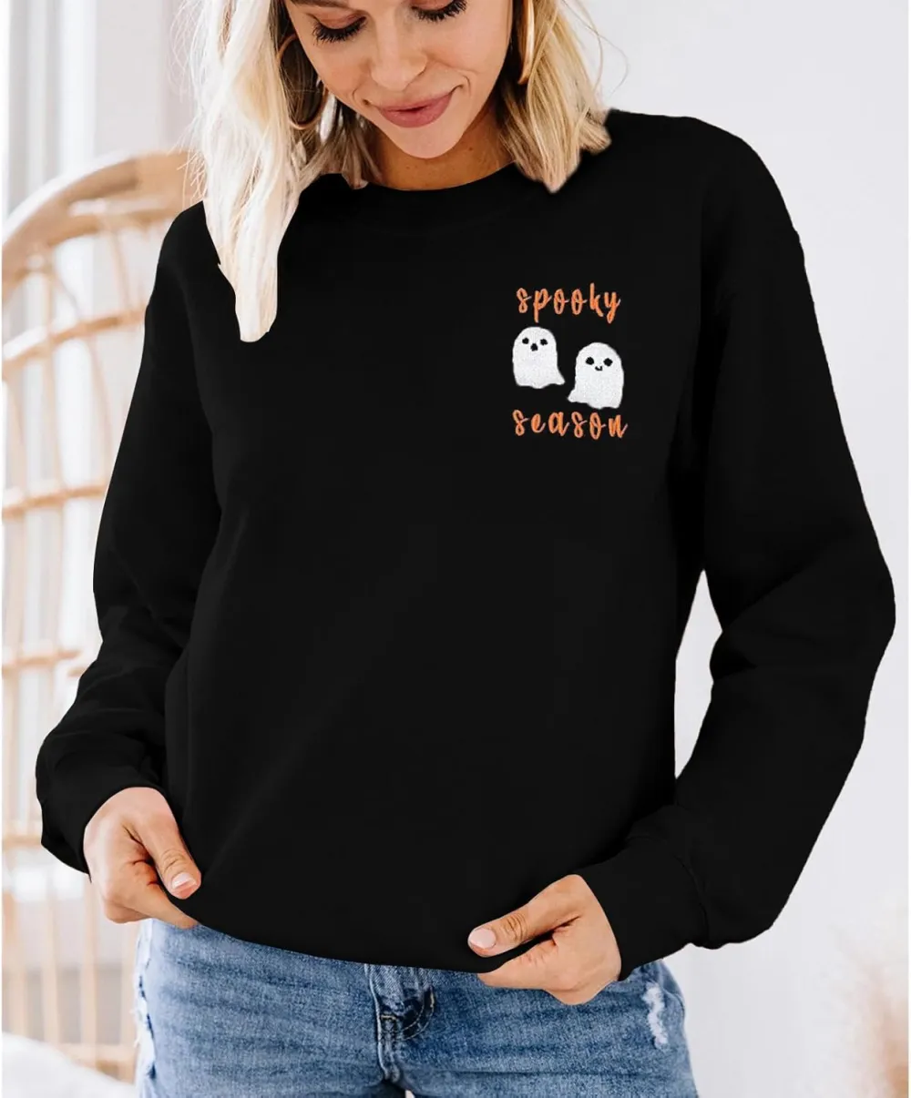 LOTUCY Halloween Sweatshirt Women Cute Spooky Season Sweatshirts Ghost Fall Embroidered Sweater Pullover Top