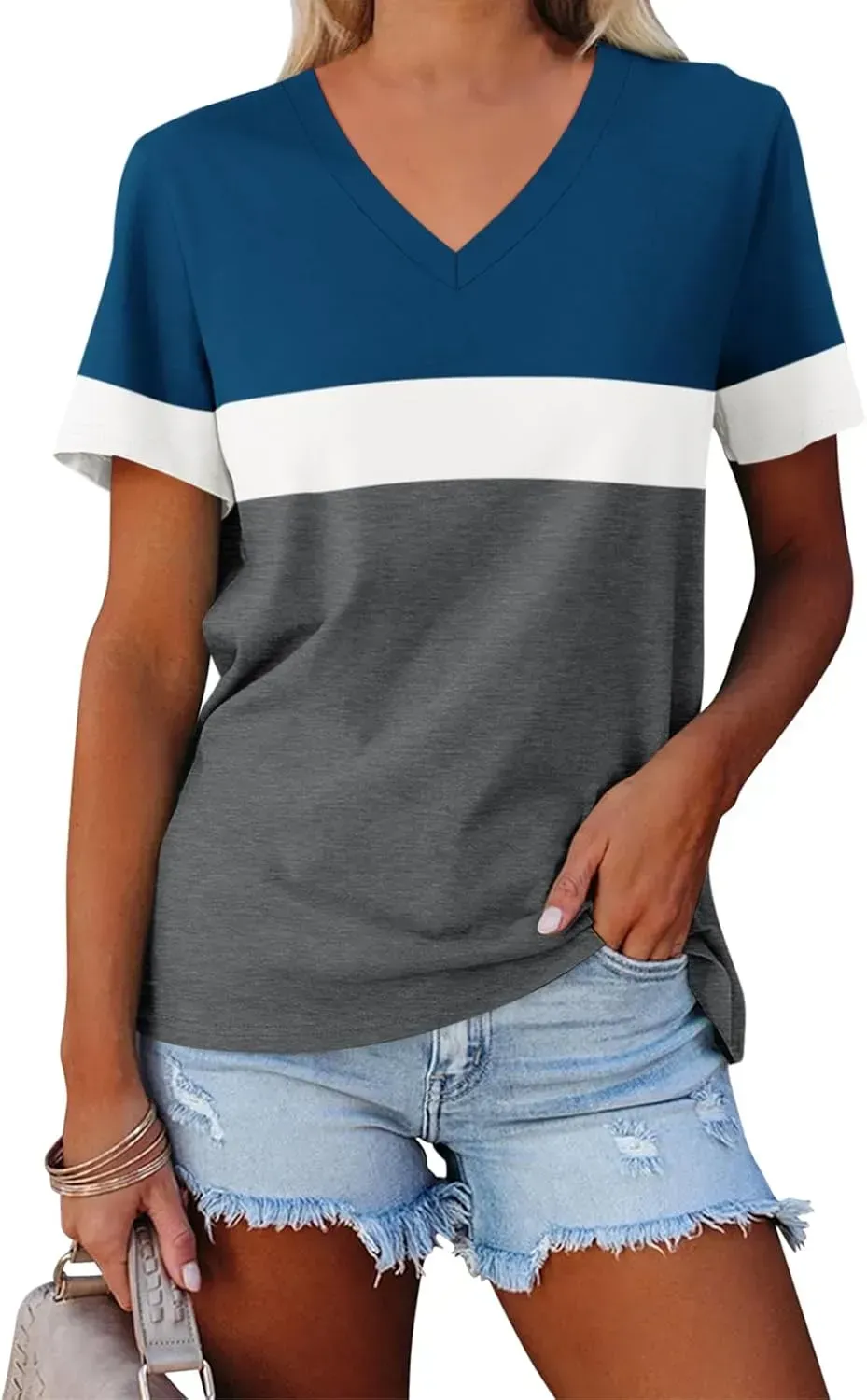 ORANDESIGNE Women's Color Block Short Sleeve T Shirts Casual V Neck Summer Tops Tees Loose Fit Blouses