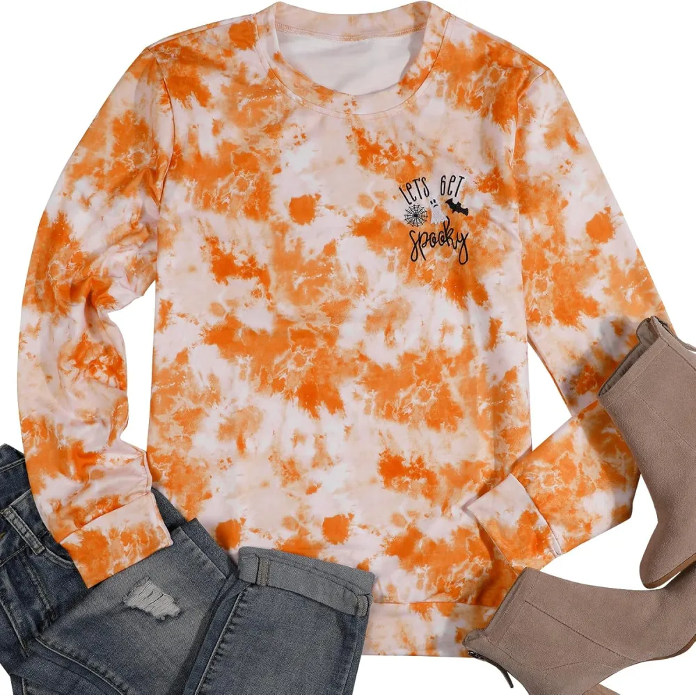 LOTUCY Halloween Sweatshirt Women Cute Spooky Season Sweatshirts Ghost Fall Embroidered Sweater Pullover Top