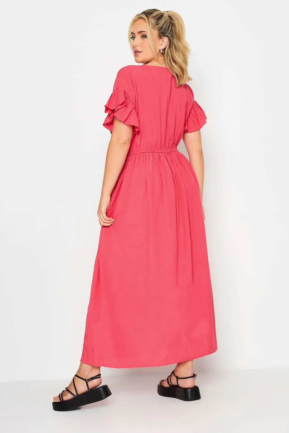 YOURS Curve Coral Pink Frill Sleeve Linen Maxi Dress