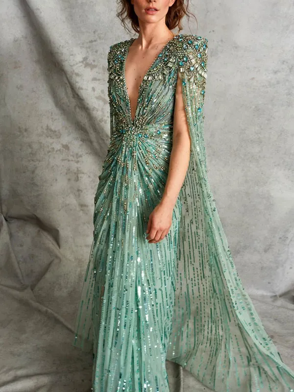 Deep V Beading Cape Sleeve Dress