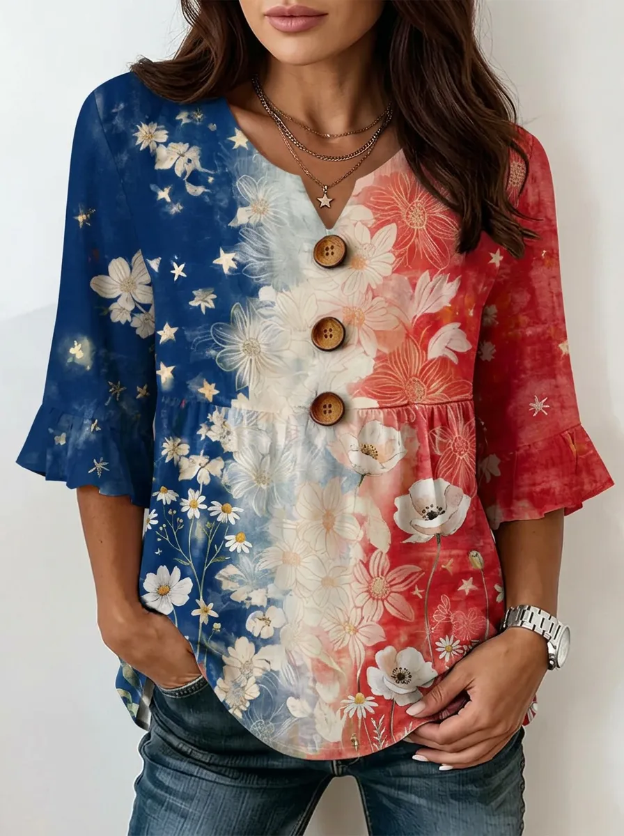 Women's Nashville Patriotic Floral Star Printed Button V-Neck Top