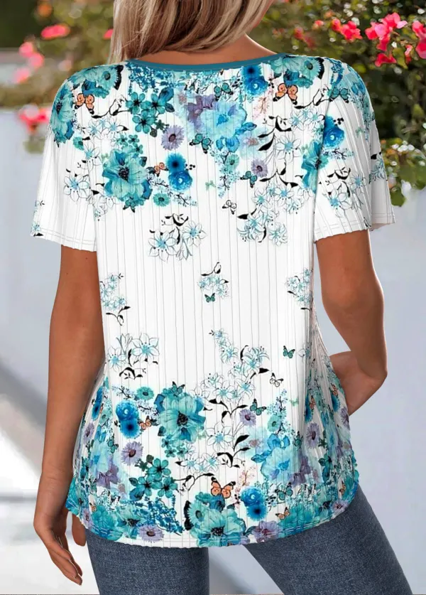 Cyan Floral Print Short Sleeve V Neck T Shirt