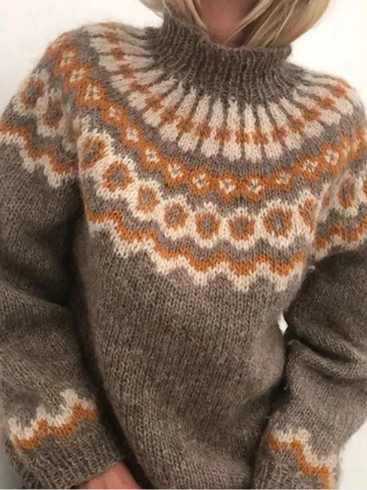 Vintage Turtleneck Pullover Chunky Jacquard Sweater