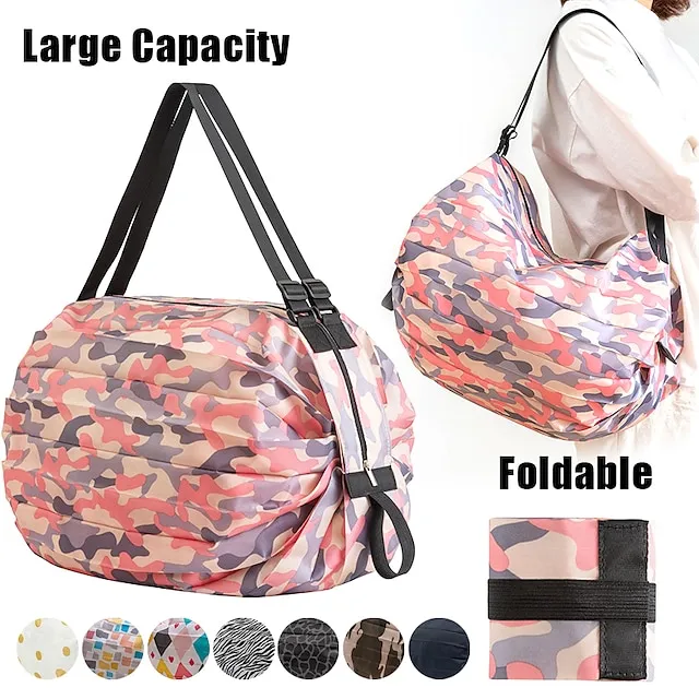 Women's Shoulder Bag Duffle Bag Nylon Shopping Daily Zipper Large Capacity Waterproof Foldable Solid Color Geometric Color Block Pink camouflage Diamond pattern Yellow dots